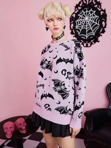 ROMWE Kawaii Letter Skeleton Pattern Drop Shoulder Sweater - Lilac Purple - View 3