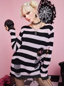 ROMWE Kawaii Striped Distressed Sweater, School - Multicolor - View 4