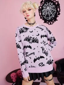 ROMWE Kawaii Letter Skeleton Pattern Drop Shoulder Sweater - Lilac Purple - View 4