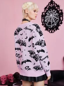 ROMWE Kawaii Letter Skeleton Pattern Drop Shoulder Sweater - Lilac Purple - View 5