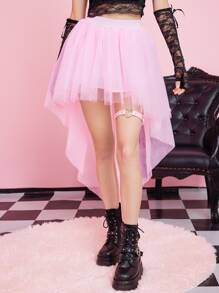 ROMWE Kawaii Váy nữ Tương phản Mesh Cao thấp màu trơn Dễ thương - Hồng - Xem 1