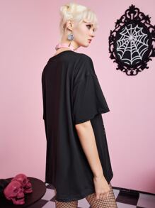 ROMWE Kawaii Cartoon Graphic Oversized Tee - Black - View 5
