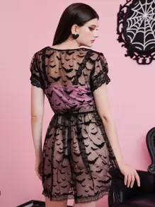 ROMWE Kawaii Bat Print Babydoll & Thong - Black - View 5