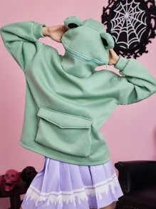 ROMWE Kawaii 翻蓋口袋落肩袖連帽衫 - 綠色 - 查看 2