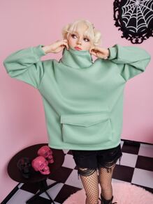 ROMWE Kawaii 翻蓋口袋落肩袖連帽衫 - 綠色 - 查看 4