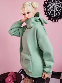 ROMWE Kawaii 翻蓋口袋落肩袖連帽衫 - 綠色 - 查看 5