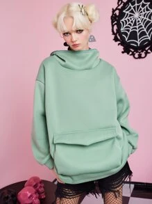 ROMWE Kawaii 翻蓋口袋落肩袖連帽衫 - 綠色 - 查看 6