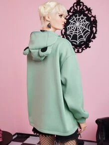 ROMWE Kawaii 翻蓋口袋落肩袖連帽衫 - 綠色 - 查看 7