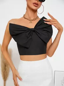 Zip Back Big Bow Crop Top - Black - View 1
