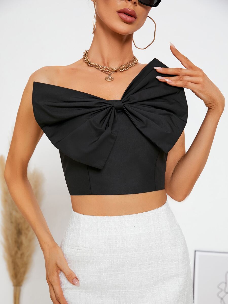 Zip Back Big Bow Crop Top - Black - View 1