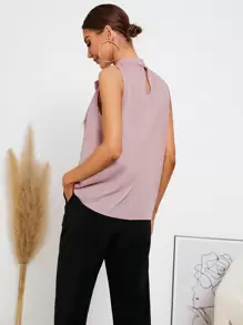 SHEIN Privé Solid Tie Neck Blouse - Dusty Pink - View 2