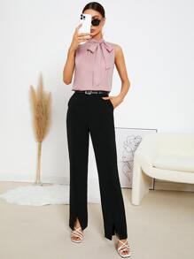 SHEIN Privé Solid Tie Neck Blouse - Dusty Pink - View 3