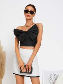 Zip Back Big Bow Crop Top - Black - View 5