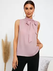 SHEIN Privé Solid Tie Neck Blouse - Dusty Pink - View 5