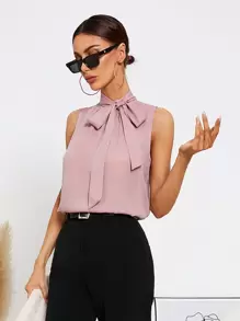 SHEIN Privé Solid Tie Neck Blouse - Dusty Pink - View 6