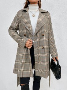 SHEIN Privé 格紋西裝領雙排釦腰帶風衣外套 - 彩色 - 查看 3