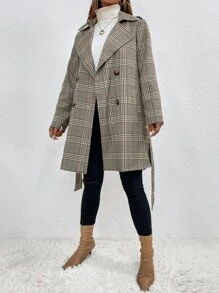 SHEIN Privé 格紋西裝領雙排釦腰帶風衣外套 - 彩色 - 查看 5