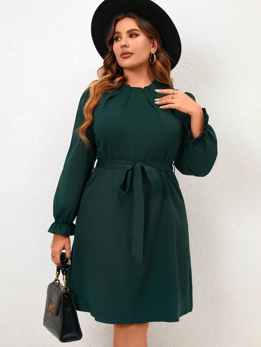 SHEIN Clasi 大碼褶邊荷葉袖繫腰帶連衣裙 - 墨綠色 - 查看 1