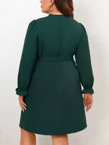 SHEIN Clasi 大碼褶邊荷葉袖繫腰帶連衣裙 - 墨綠色 - 查看 2