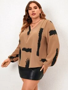 SHEIN LUNE 大碼撞色燈籠袖襯衫 - 杏色 - 查看 5