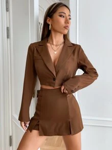 SHEIN EZwear Single Button Crop Blazer & Split Hem Skort In Fall/Winter - Brown - View 4