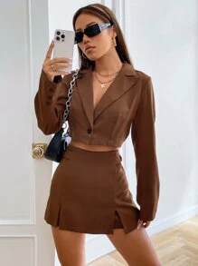 SHEIN EZwear Single Button Crop Blazer & Split Hem Skort In Fall/Winter - Brown - View 5