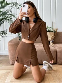 SHEIN EZwear Single Button Crop Blazer & Split Hem Skort In Fall/Winter - Brown - View 6
