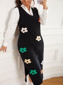 SHEIN Qutie 大碼花卉圖案下擺開叉毛衣洋裝不帶襯衫 - 黑色 - 查看 2