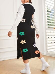 SHEIN Qutie 大碼花卉圖案下擺開叉毛衣洋裝不帶襯衫 - 黑色 - 查看 3