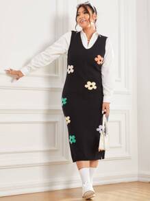 SHEIN Qutie 大碼花卉圖案下擺開叉毛衣洋裝不帶襯衫 - 黑色 - 查看 4