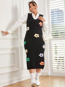 SHEIN Qutie 大碼花卉圖案下擺開叉毛衣洋裝不帶襯衫 - 黑色 - 查看 5