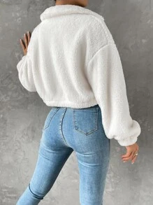 Muchica Áo khoác nữ Túi Dây kéo màu trơn Giải trí - trắng - Xem 2