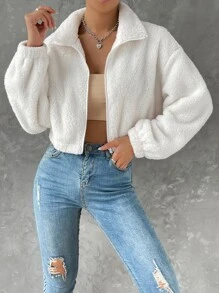 Muchica Áo khoác nữ Túi Dây kéo màu trơn Giải trí - trắng - Xem 3