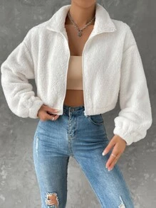 Muchica Áo khoác nữ Túi Dây kéo màu trơn Giải trí - trắng - Xem 5