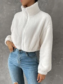 Muchica Áo khoác nữ Túi Dây kéo màu trơn Giải trí - trắng - Xem 6