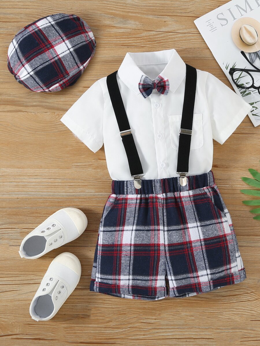 小男童1入組格紋印花背帶短褲