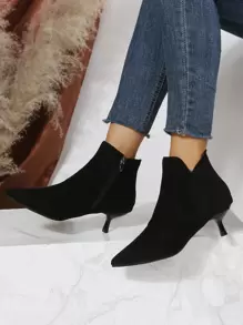 Side Zip Point Toe Heeled Faux Suede Booties - Black - View 1