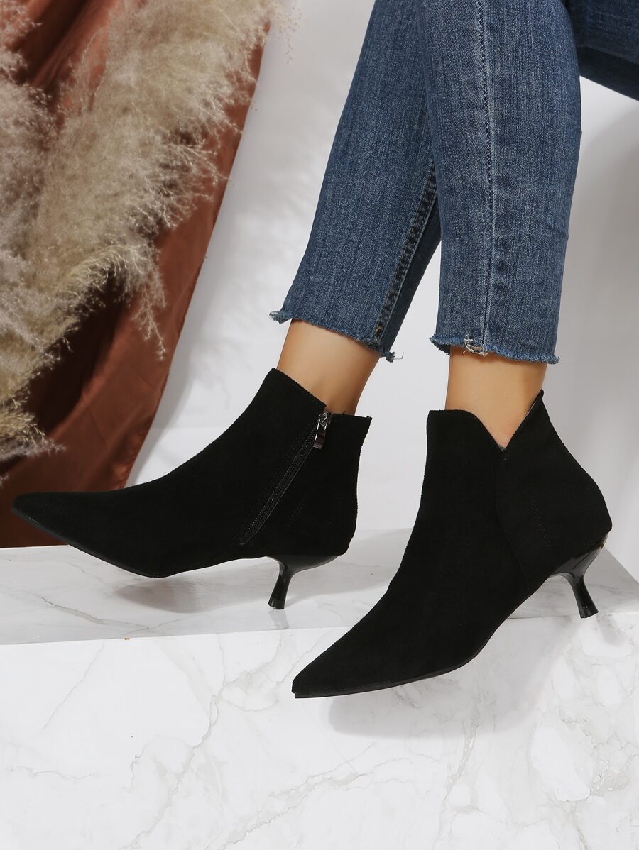 Side Zip Point Toe Heeled Faux Suede Booties - Black - View 1