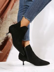 Side Zip Point Toe Heeled Faux Suede Booties - Black - View 2