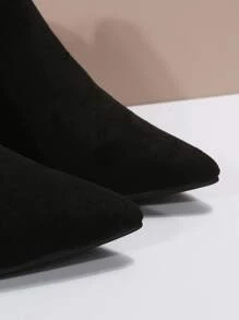 Side Zip Point Toe Heeled Faux Suede Booties - Black - View 3