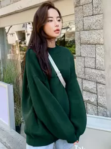 DAZY 纯色落肩罗纹针织超大毛衣、长袖上衣、秋季女装 - 墨綠色 - 查看 5