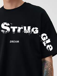 男士字母圖案落肩T恤 - 黑色 - 查看 4