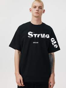 男士字母圖案落肩T恤 - 黑色 - 查看 5