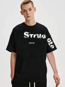 男士字母圖案落肩T恤 - 黑色 - 查看 6