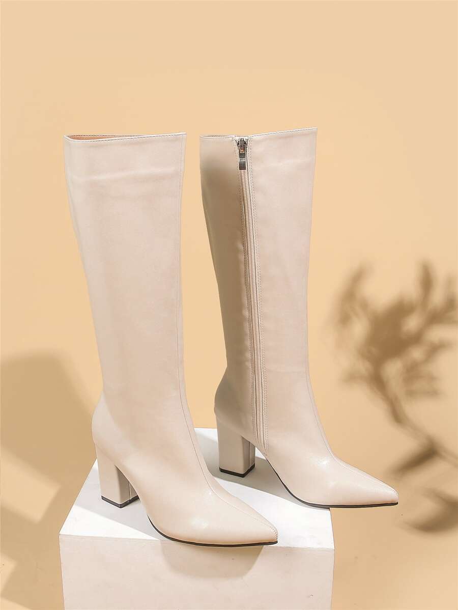 Zipper Side Point Toe Chunky Heeled Classic Boots - Beige - View 1