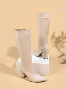 Zipper Side Point Toe Chunky Heeled Classic Boots - Beige - View 2
