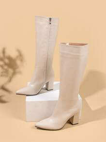 Zipper Side Point Toe Chunky Heeled Classic Boots - Beige - View 3