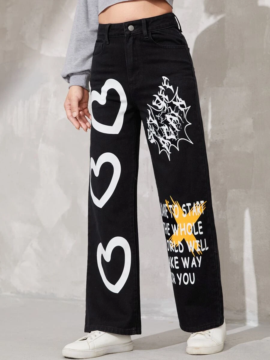 SHEIN Bé Gái Quần Jeans Nút Túi Dây kéo Tim Slogan - màu đen - Xem 1