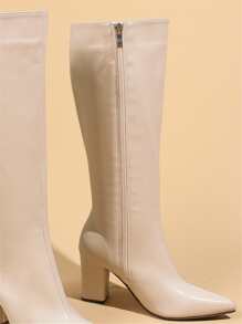 Zipper Side Point Toe Chunky Heeled Classic Boots - Beige - View 4