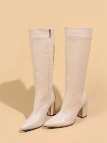 Zipper Side Point Toe Chunky Heeled Classic Boots - Beige - View 6